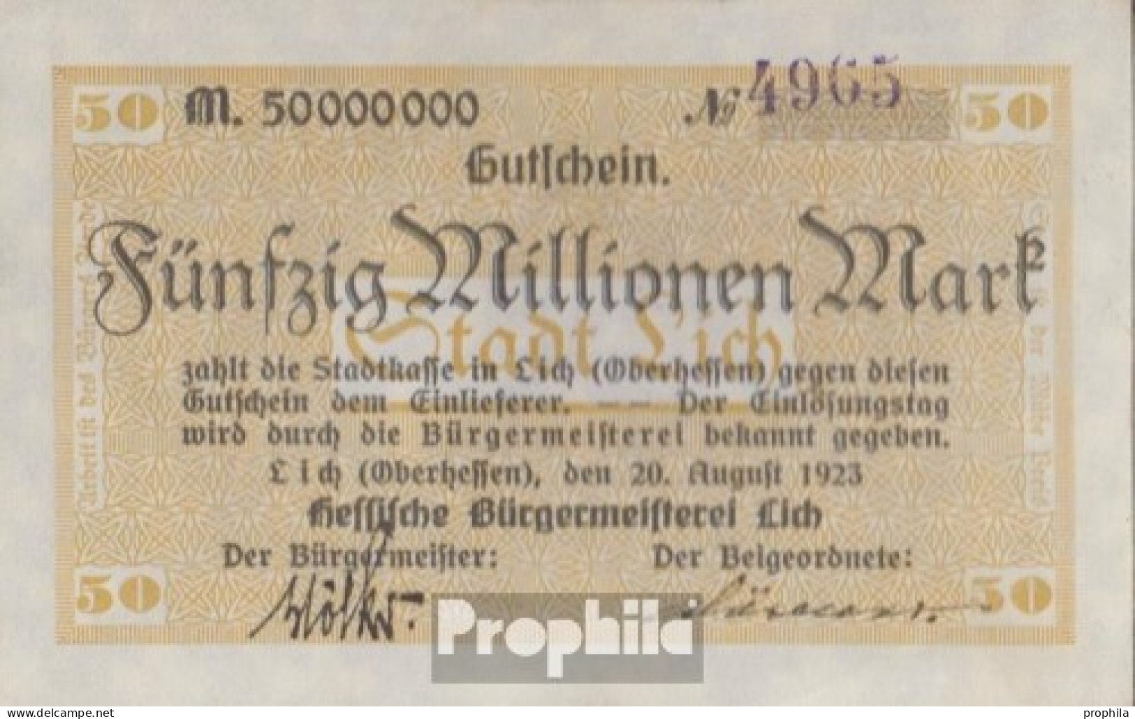 Lich Inflationsgeld Stadt Lich Bankfrisch 1923 50 Millionen Mark - 50 Mio. Mark