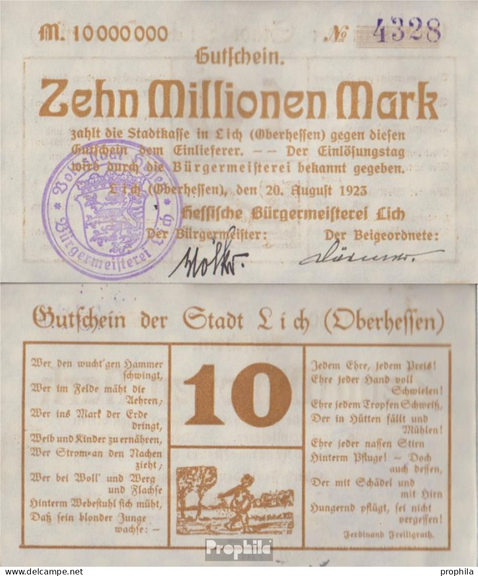 Lich Inflationsgeld Stadt Lich Bankfrisch 1923 10 Millionen Mark - 10 Mio. Mark