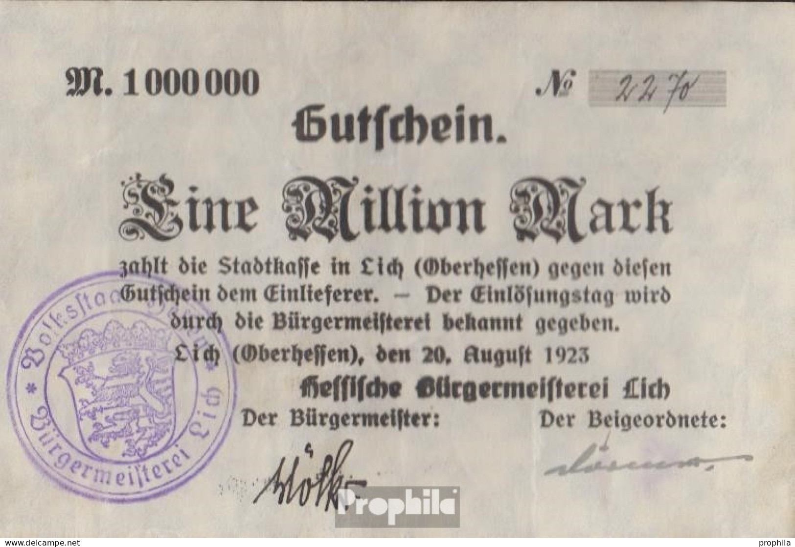 Lich Inflationsgeld Stadt Lich Gebraucht (III) 1923 1 Million Mark - 1 Mio. Mark