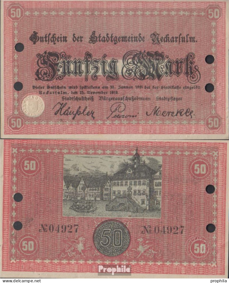 Neckarsulm Notgeld Stadtgemeinde Neckarsulm, Gelocht Gebraucht (III) 1918 50 Mark - 50 Mark