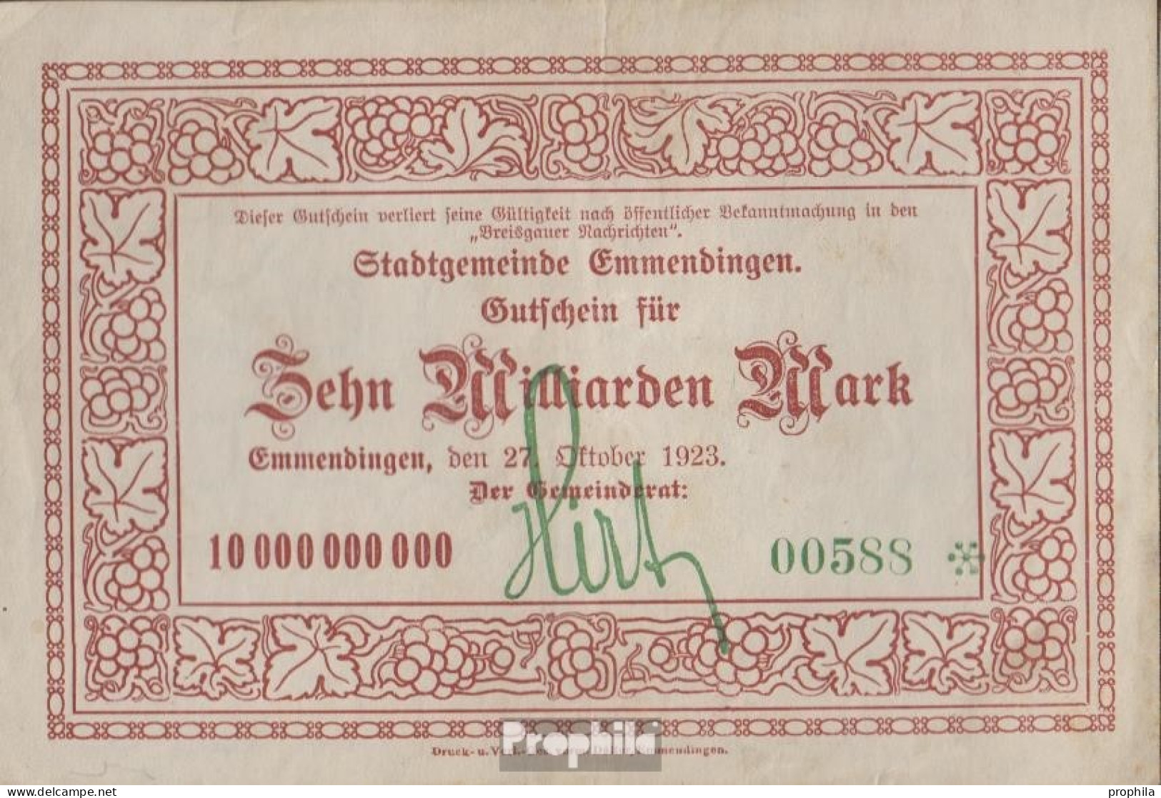 Emmendingen Inflationsgeld Stadt Emmendingen Gebraucht (III) 1923 10 Milliarden Mark - 10 Miljard Mark