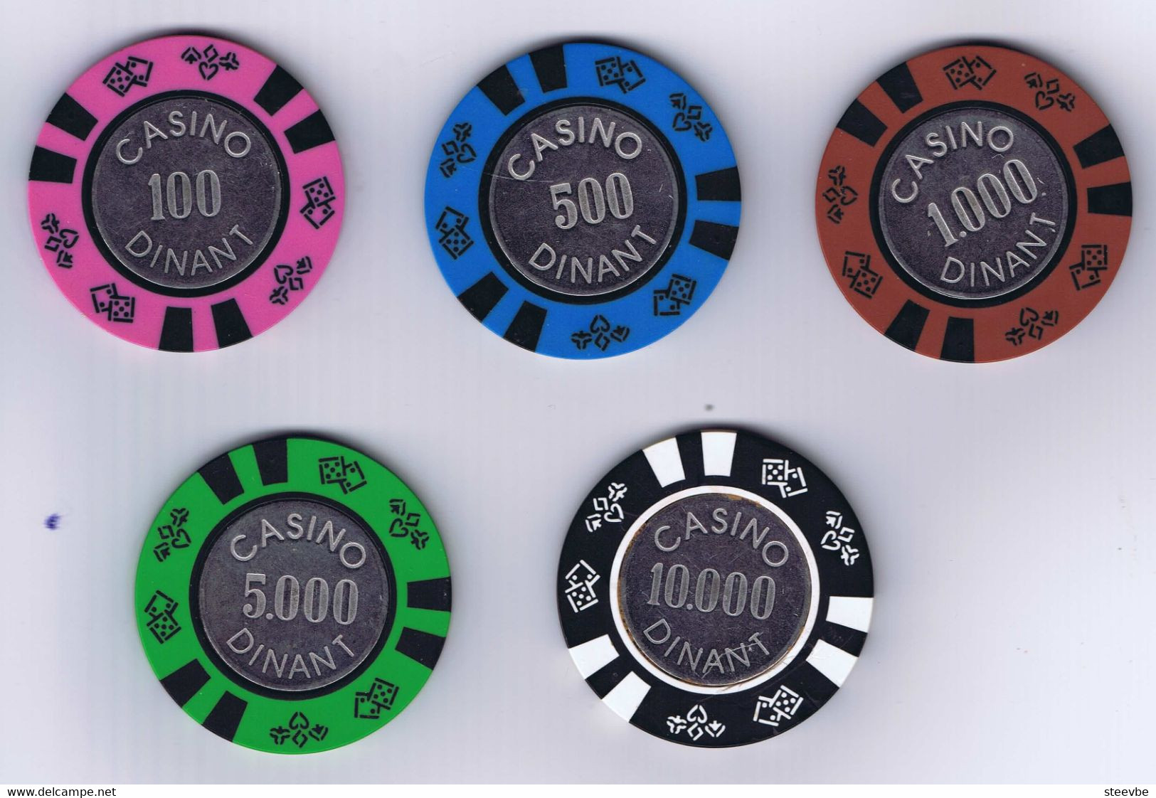 Dinant Casino Chip Fiche 100/ 500/ 1000/ 5000/ 10000 Full Set Belgium Belgique België - Casino
