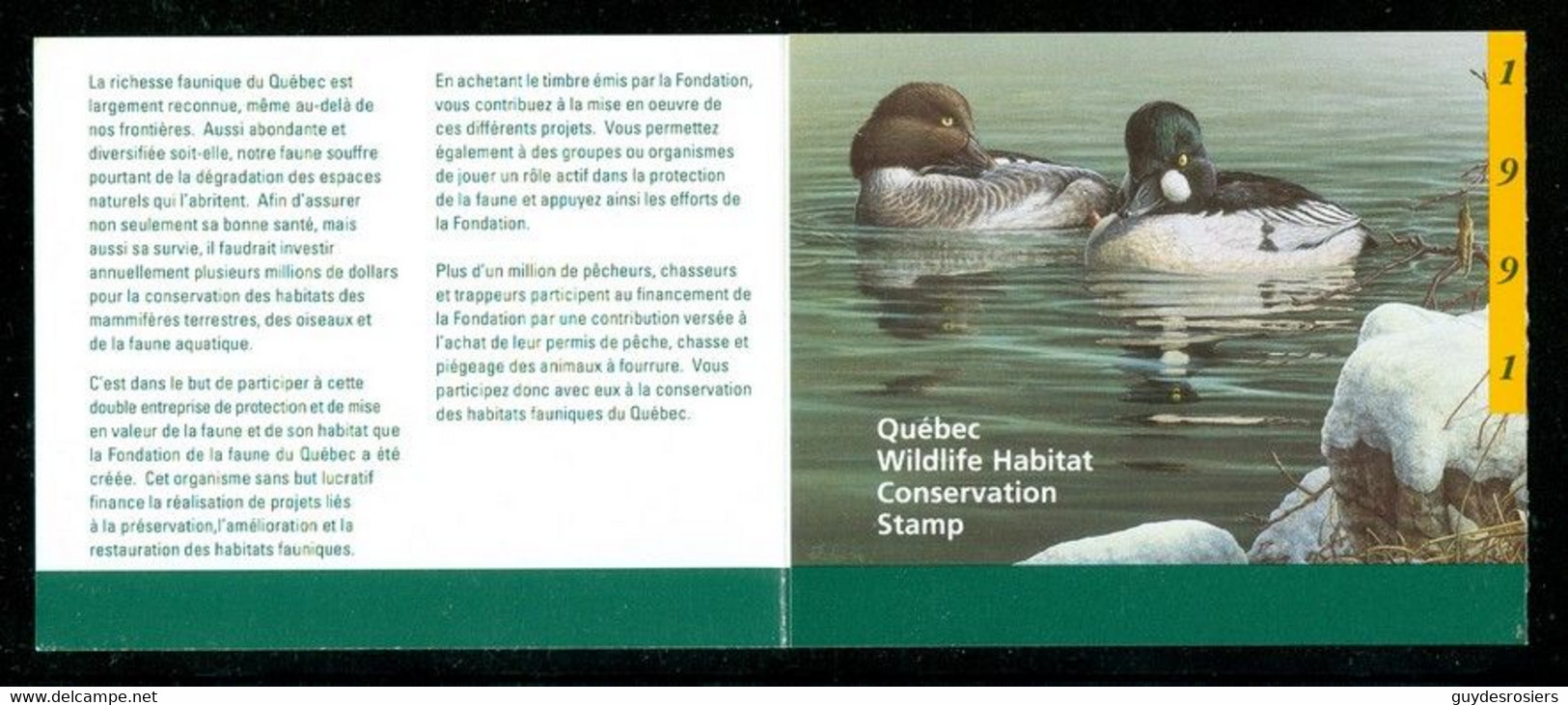 GARROT, Canard; Conservation Habitats Fauniques QUÉBEC 1991 Wildlife Habitat Conservation, GOLDENEYE Duck (8459) - Viñetas Locales Y Privadas