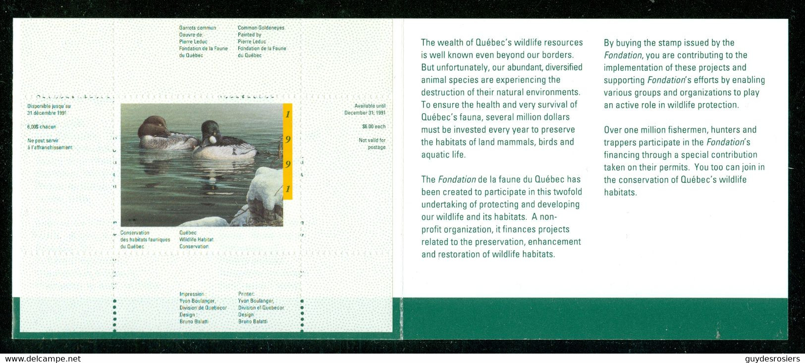 GARROT, Canard; Conservation Habitats Fauniques QUÉBEC 1991 Wildlife Habitat Conservation, GOLDENEYE Duck (8459) - Local, Strike, Seals & Cinderellas