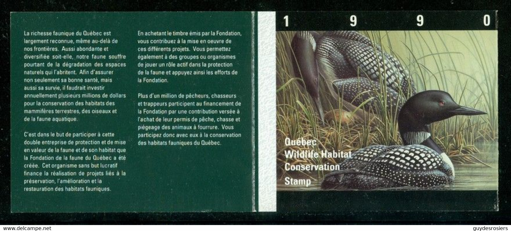 HUARD, Canard; Conservation Habitats Fauniques QUÉBEC 1990 Wildlife Habitat Conservation, LOON Duck (8461) - Werbemarken (Vignetten)