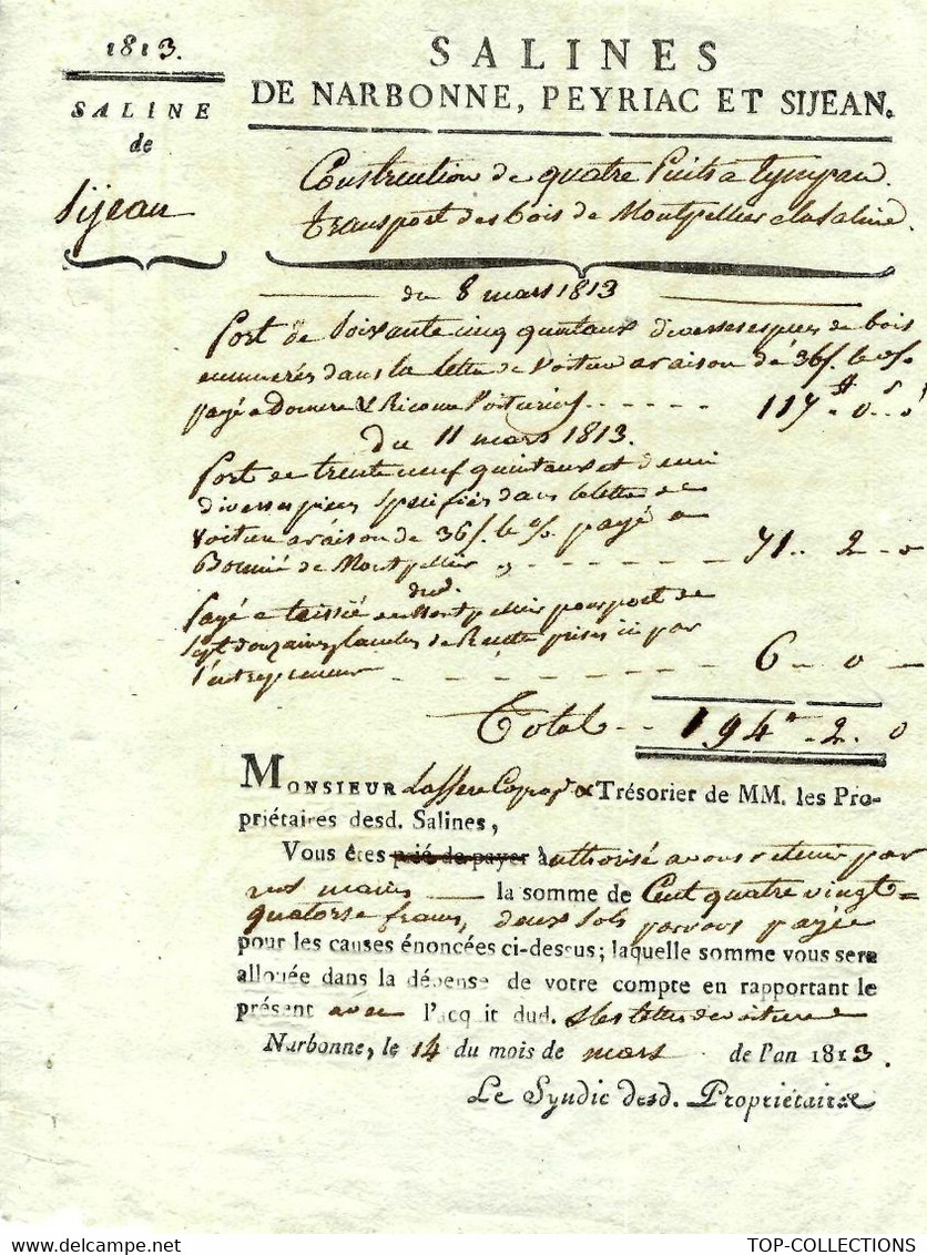1813 SALINES DE NARBONNE PEYRIAC ET SIJEAN LANGUEDOC Et Sijean SEL SALINS CONSTRUCTION DE PUITS V.SCANS+HISTORIQUE - Historische Dokumente