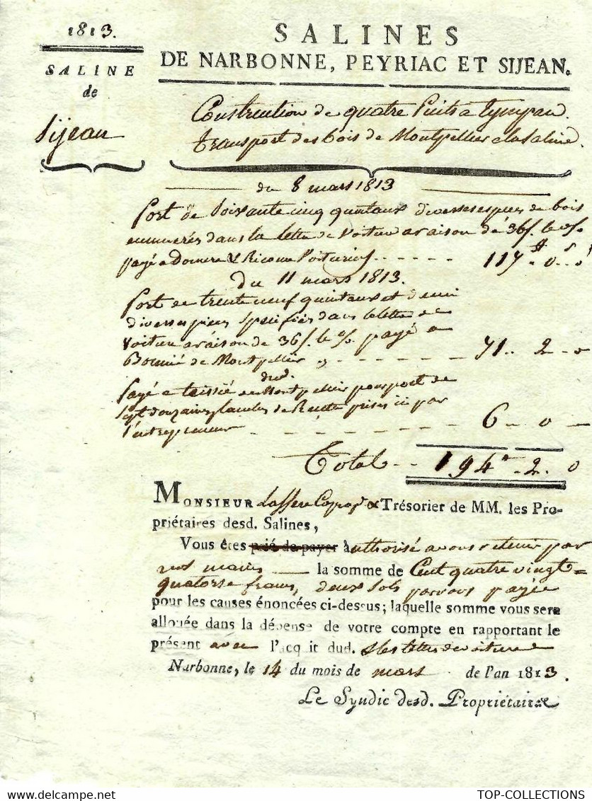 1813 SALINES DE NARBONNE PEYRIAC ET SIJEAN LANGUEDOC Et Sijean SEL SALINS CONSTRUCTION DE PUITS V.SCANS+HISTORIQUE - Historische Documenten