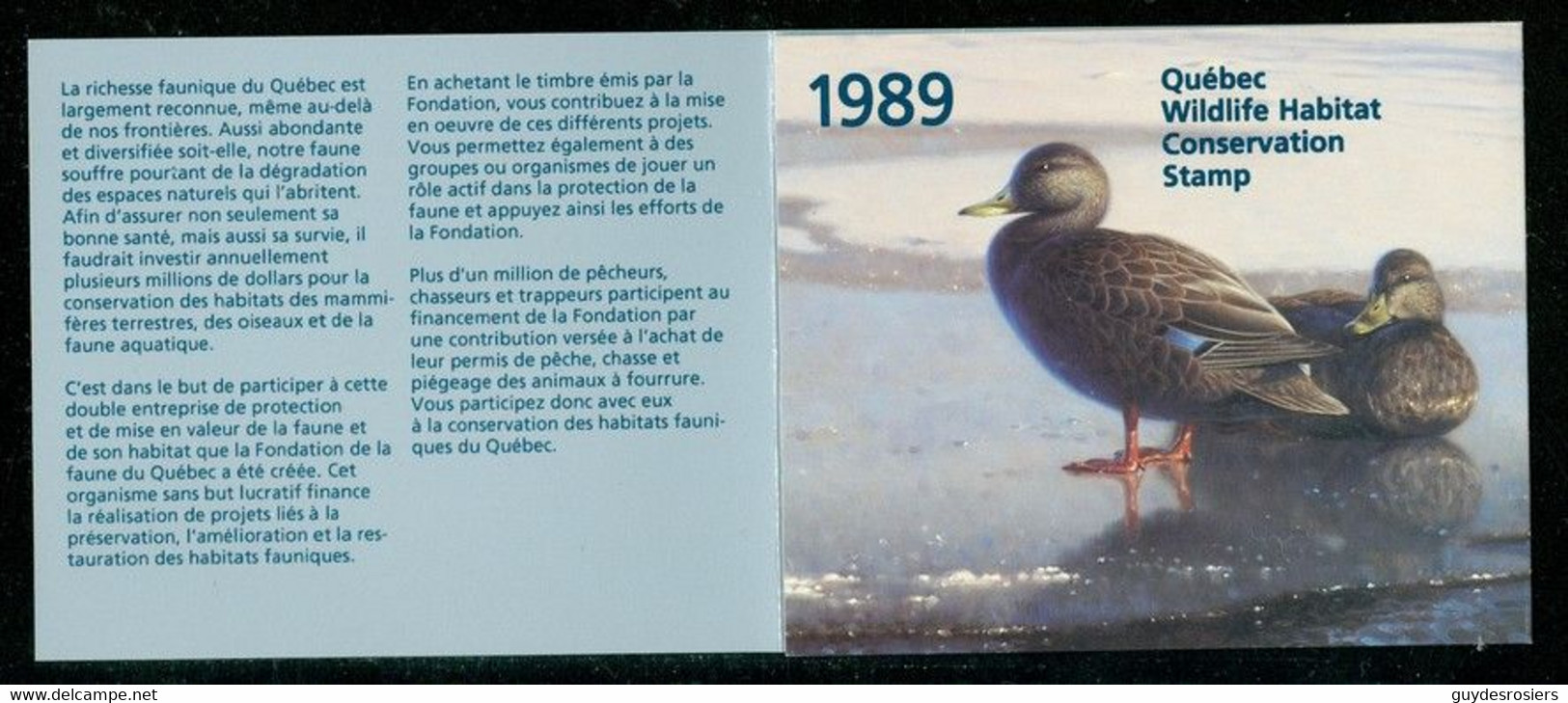 GARROT, Canard; Conservation Habitats Fauniques QUÉBEC 1989 Wildlife Habitat Conservation, BLACK Duck (8463) - Werbemarken (Vignetten)