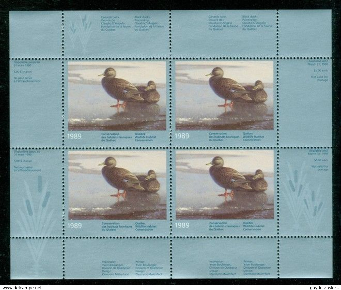 GARROT, Canard; Conservation Habitats Fauniques QUÉBEC 1989 Wildlife Habitat Conservation, BLACK Duck (8464) - Vignette Locali E Private