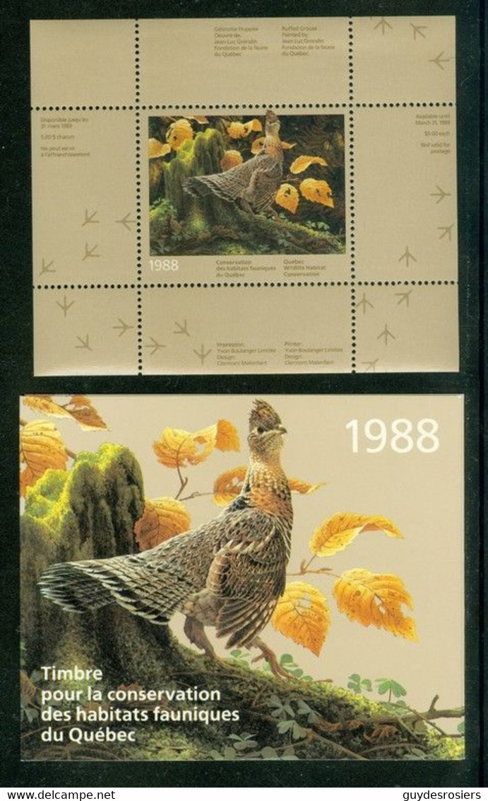 GÉLINOTE HUPPÉE; Conservation Habitats Fauniques QUÉBEC 1988 Wildlife Habitat Conservation, RUFFED GROUSE (8466) - Werbemarken (Vignetten)