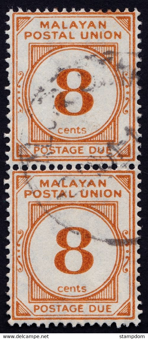 MLAYAN POSTAL UNION 1945 8c Postage Due P14.5x14 Sc#J16 Pair - USED @E928 - Malayan Postal Union