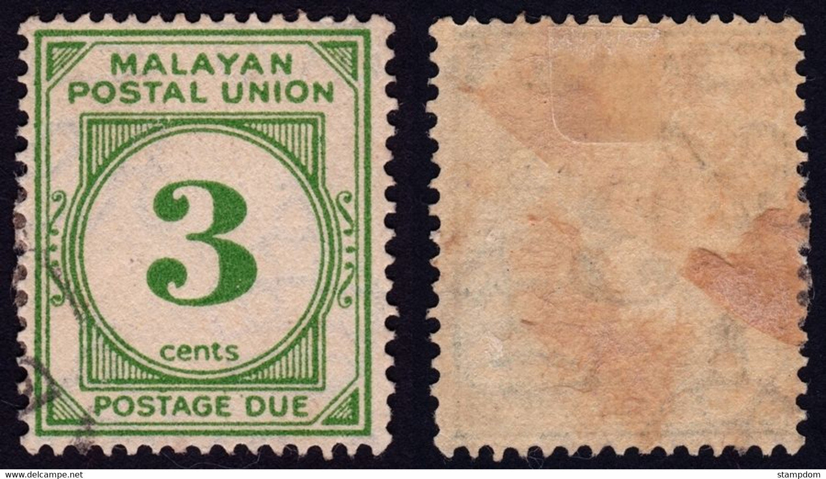 MLAYAN POSTAL UNION 1945 3c Postage Due P15x14 Sc#J14 - USED @E878 - Malayan Postal Union