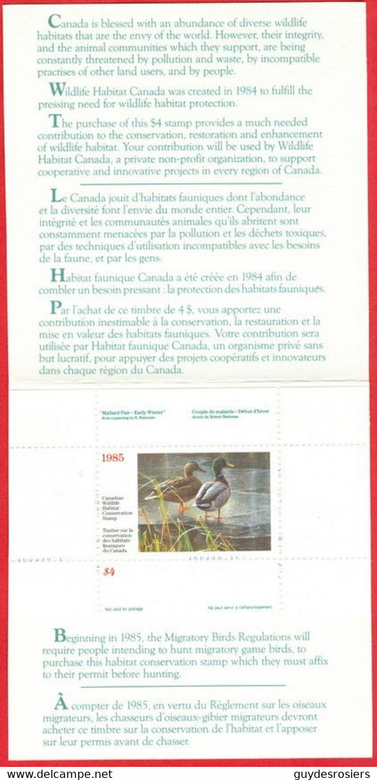 MALLARD, Canard; Conservation Habitats Fauniques CANADA 1985 Wildlife Habitat Conservation; MALLARD Duck (8469) - Local, Strike, Seals & Cinderellas