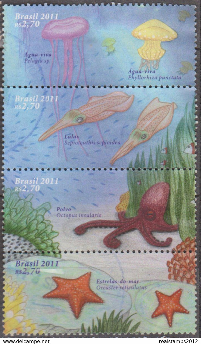 Brasil - 13-05-2011 - Fauna Marinha, Águas Vivas, Lulas, Polvo, Estrelas-do-Mar (Bloco Completo (o)  RHM Nº - Used Stamps