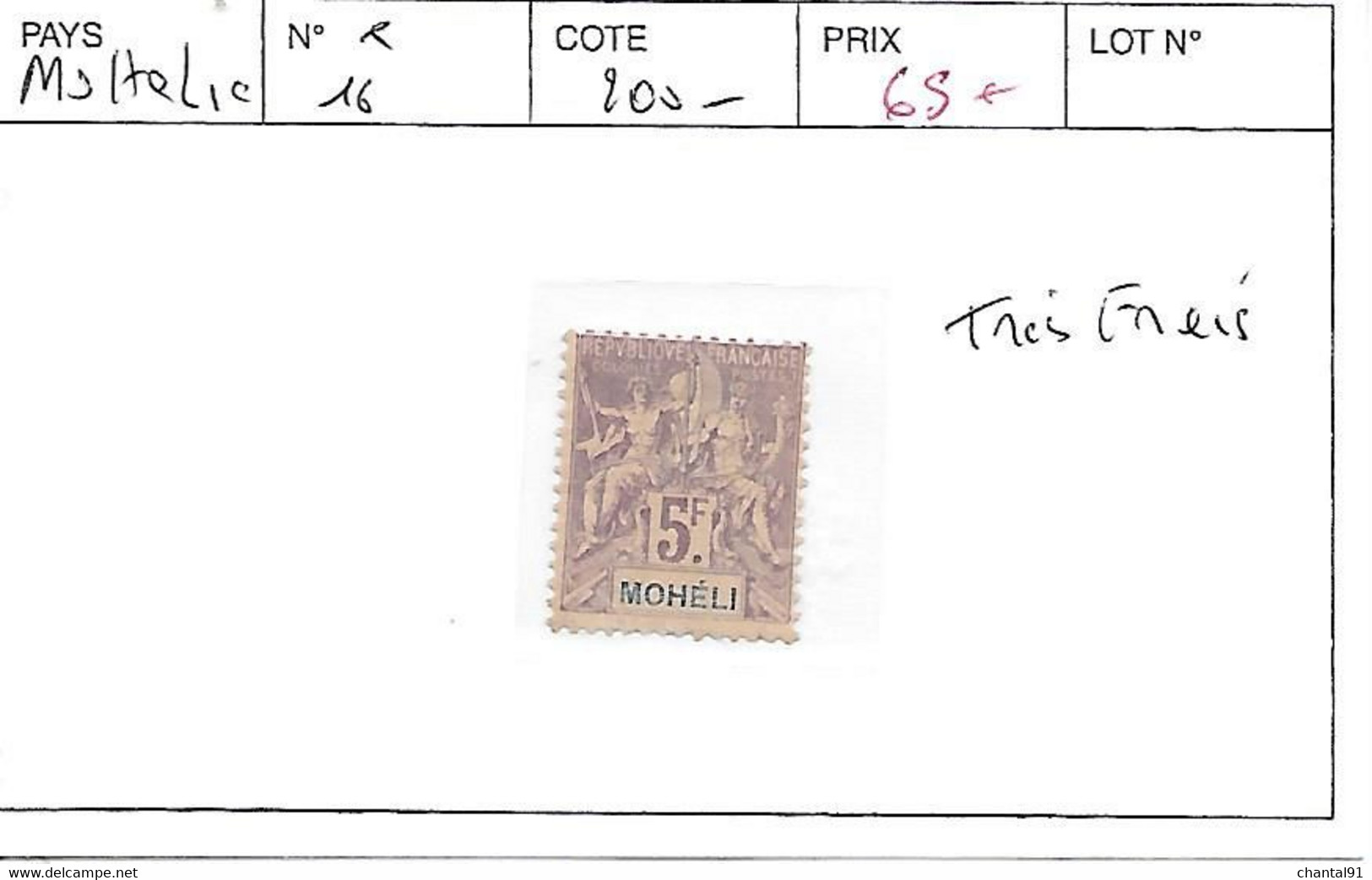 MOHELIE N° 16 * TRES FRAIS - Unused Stamps