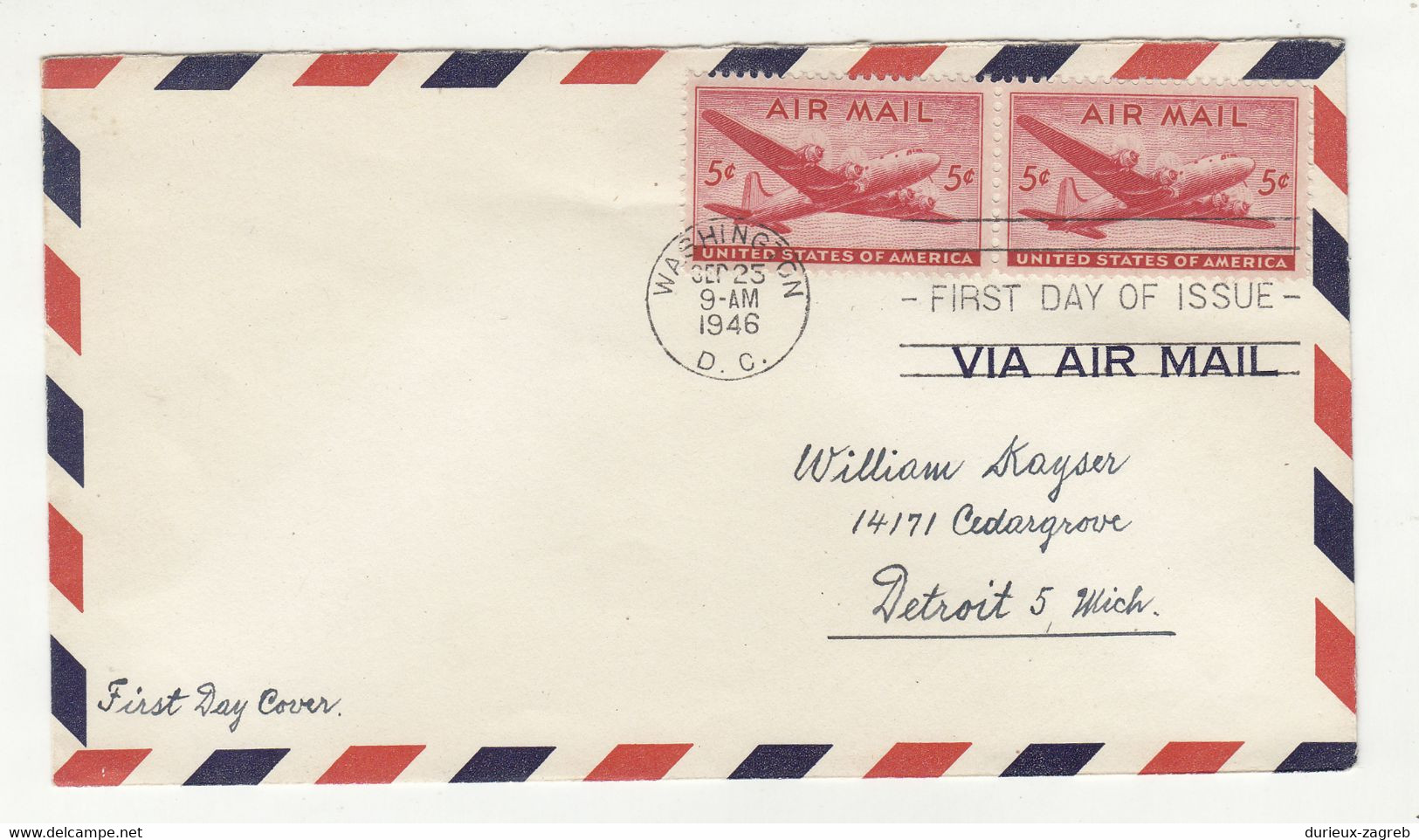 US 1946 5 C Air Mail FDC B220310 - 1941-1950