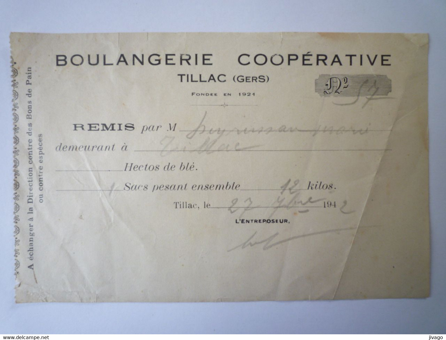 2022 - 1380  RATIONNEMENT  1942  GERS  Boulangerie Coopérative De TILLAC  (Reçu Pour Un De Blé De 12kg)   XXX - Non Classés