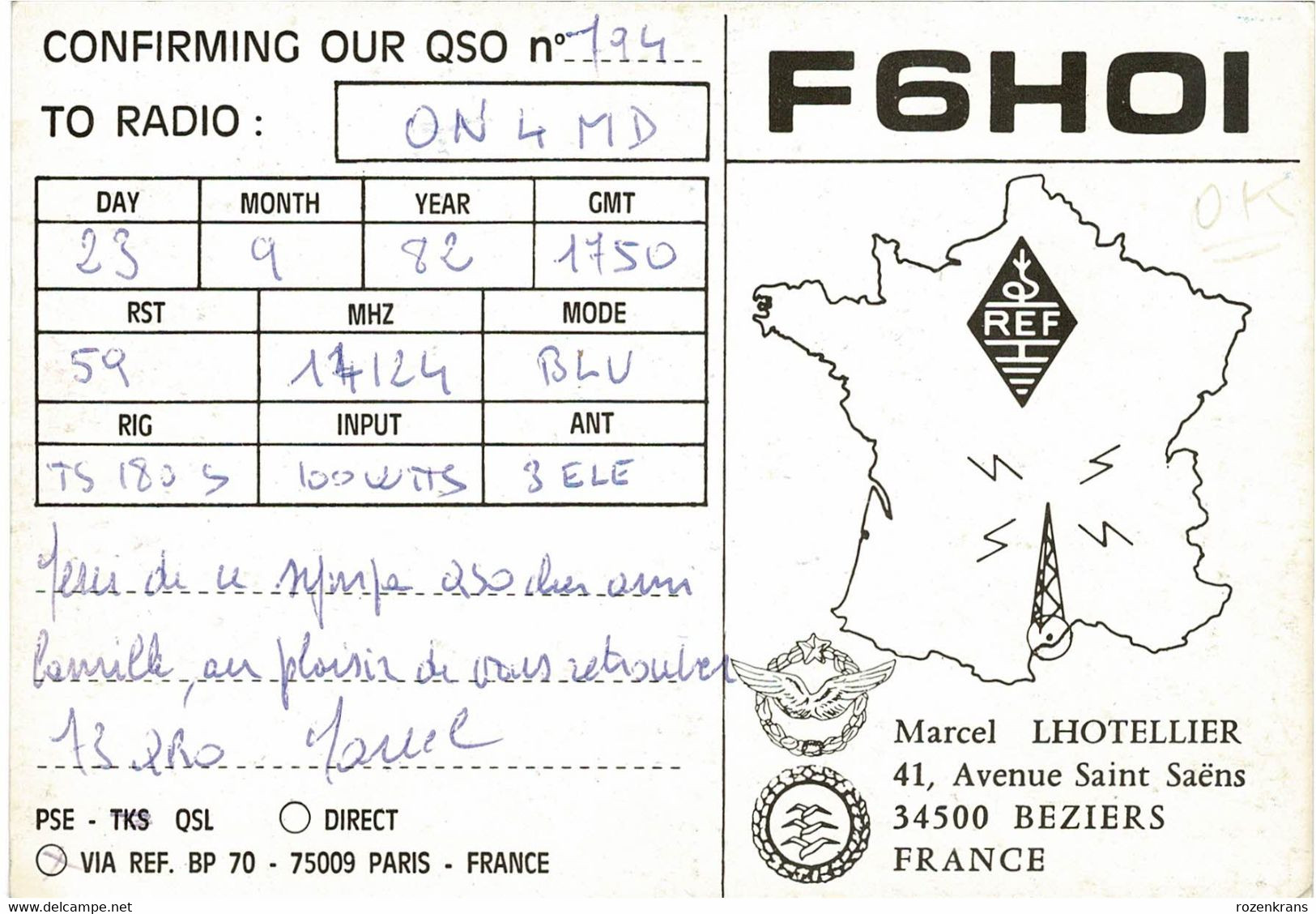 QSL Card Amateur Radio Funkkarte 1982 France Beziers Marcel Lhotellier Chien Dog Hond Hund - Amateurfunk