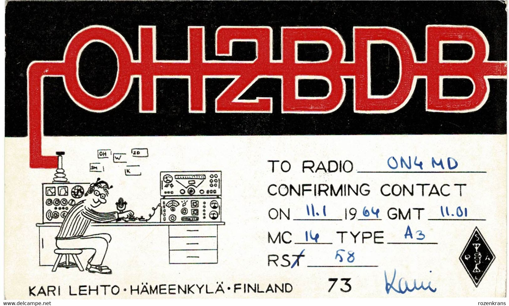 QSL Card Amateur Radio Funkkarte 1964 Kari Lehto Hameenkyla Finland - Radio Amatoriale