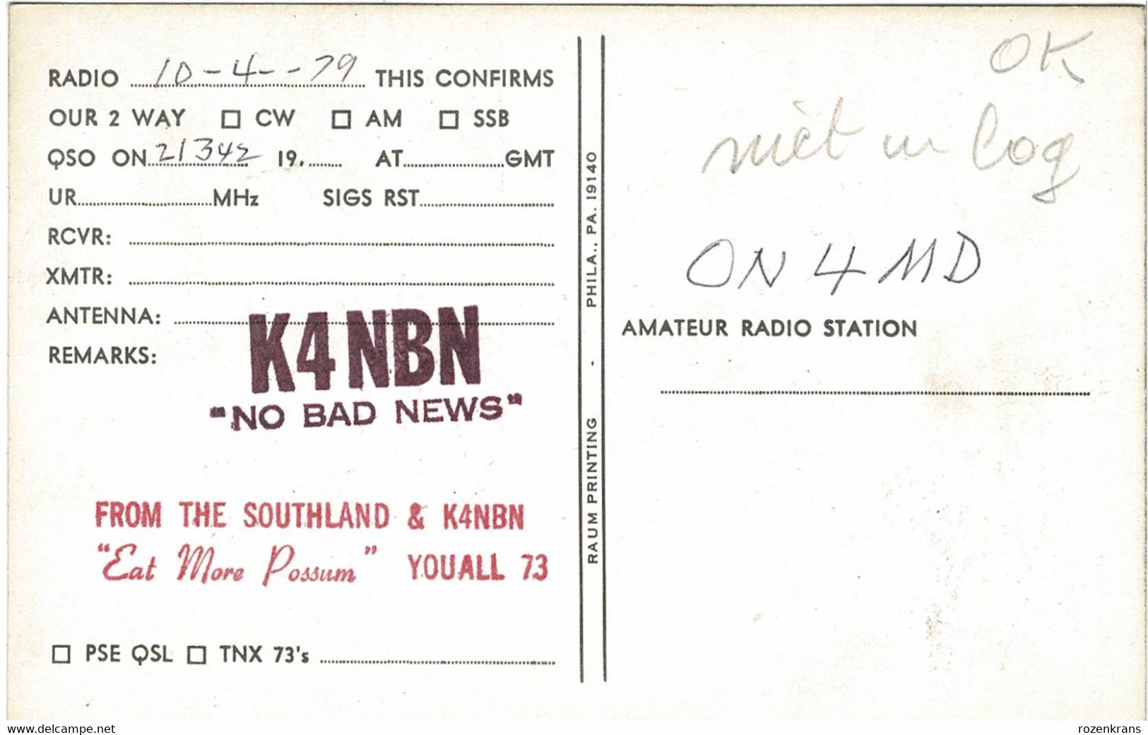 QSL Card Amateur Radio Funkkarte 1979 Shoot The Bull GUN QSO Jacksonville Florida - Radio Amatoriale