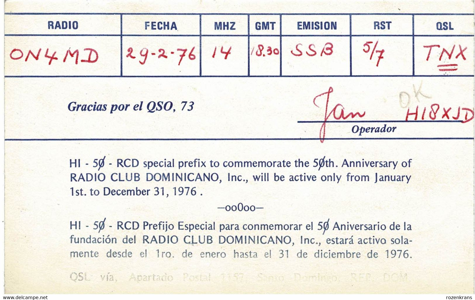 QSL Card Amateur Radio Funkkarte 1976 Radio Club Domenicano Republica Dominicana Dominican Republic - Radio Amateur