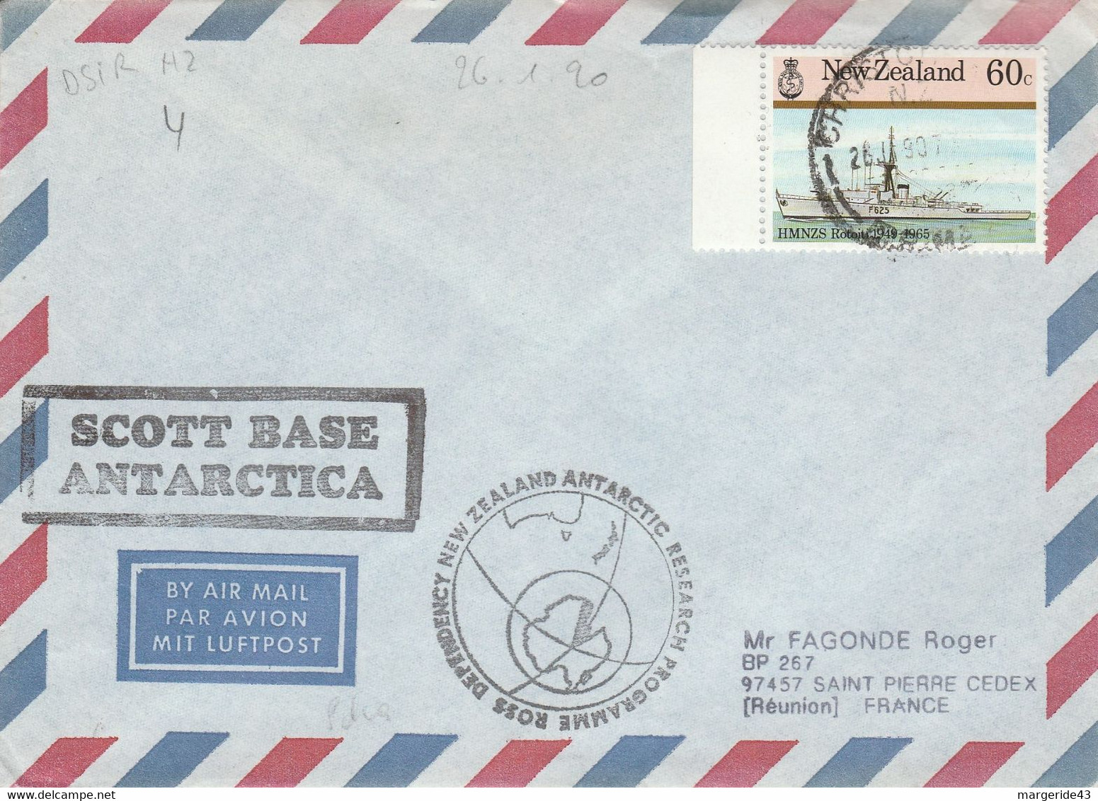 TERRE DE ROSS LETTRE DE LA BASE SCOTT POUR LA FRANCE 1990 - Briefe U. Dokumente