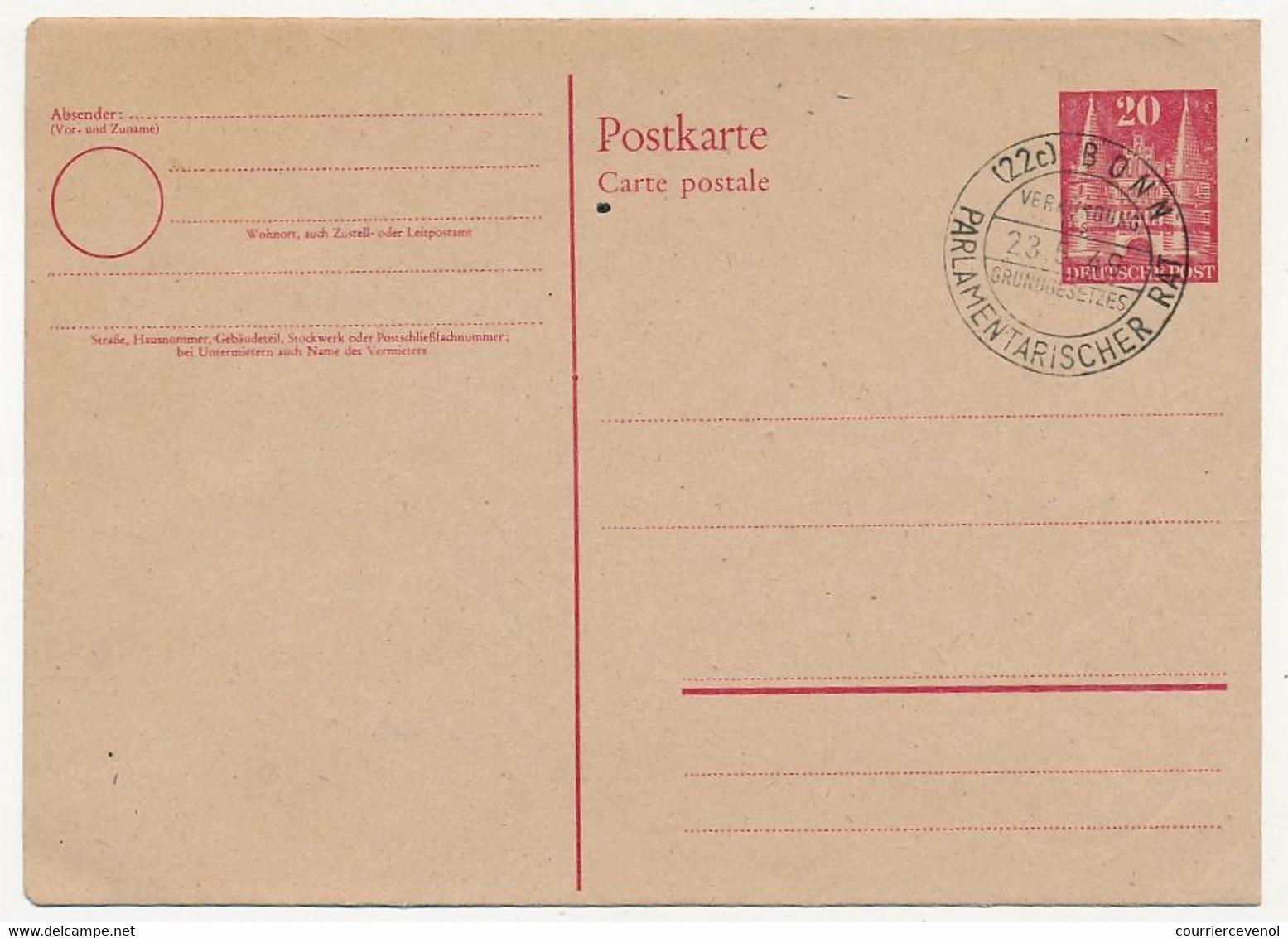 CP Entier Postal - 22c Bonn - Parlamentarischer Rat 1949 - Verkündigung Des Grundgesetzes - Postkaarten - Gebruikt