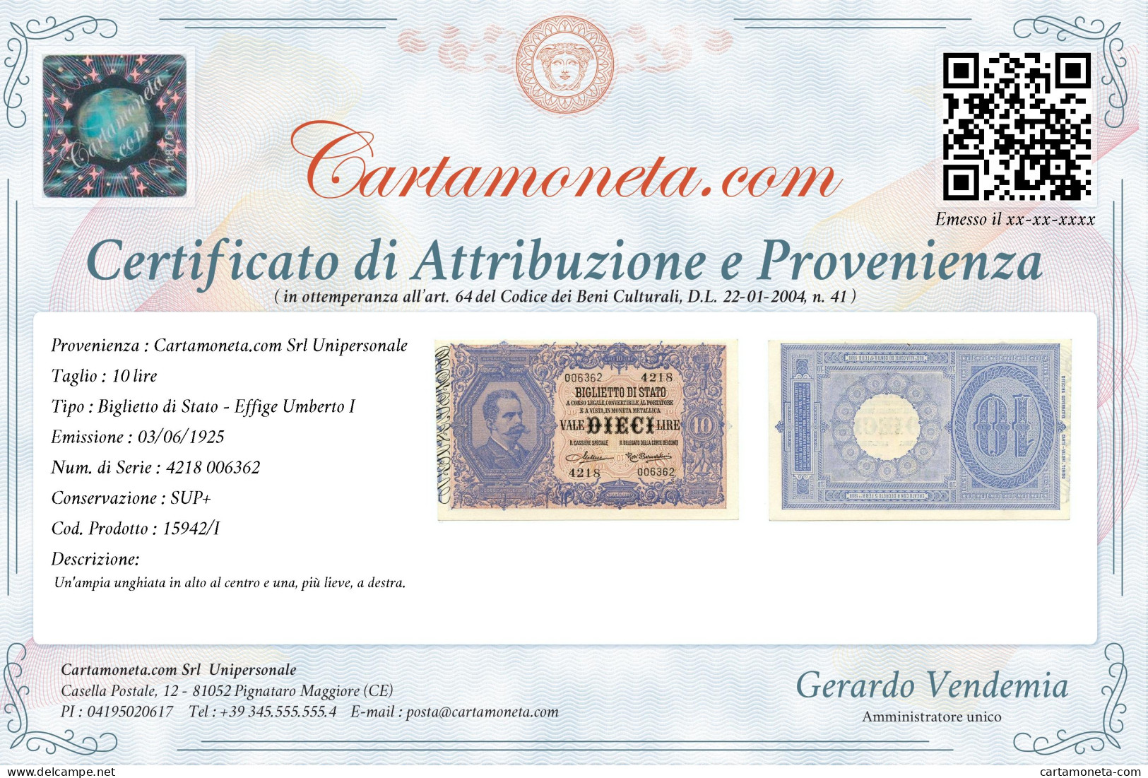 10 LIRE BIGLIETTO DI STATO EFFIGE UMBERTO I 03/06/1925 SUP+ - Regno D'Italia – Other