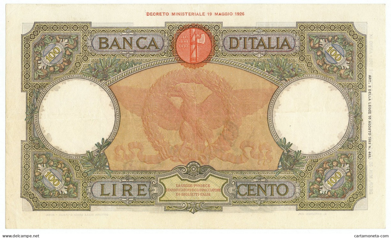 100 LIRE CAPRANESI AQUILA ROMANA TESTINA FASCIO ROMA 30/04/1936 QSPL - Regno D'Italia – Autres