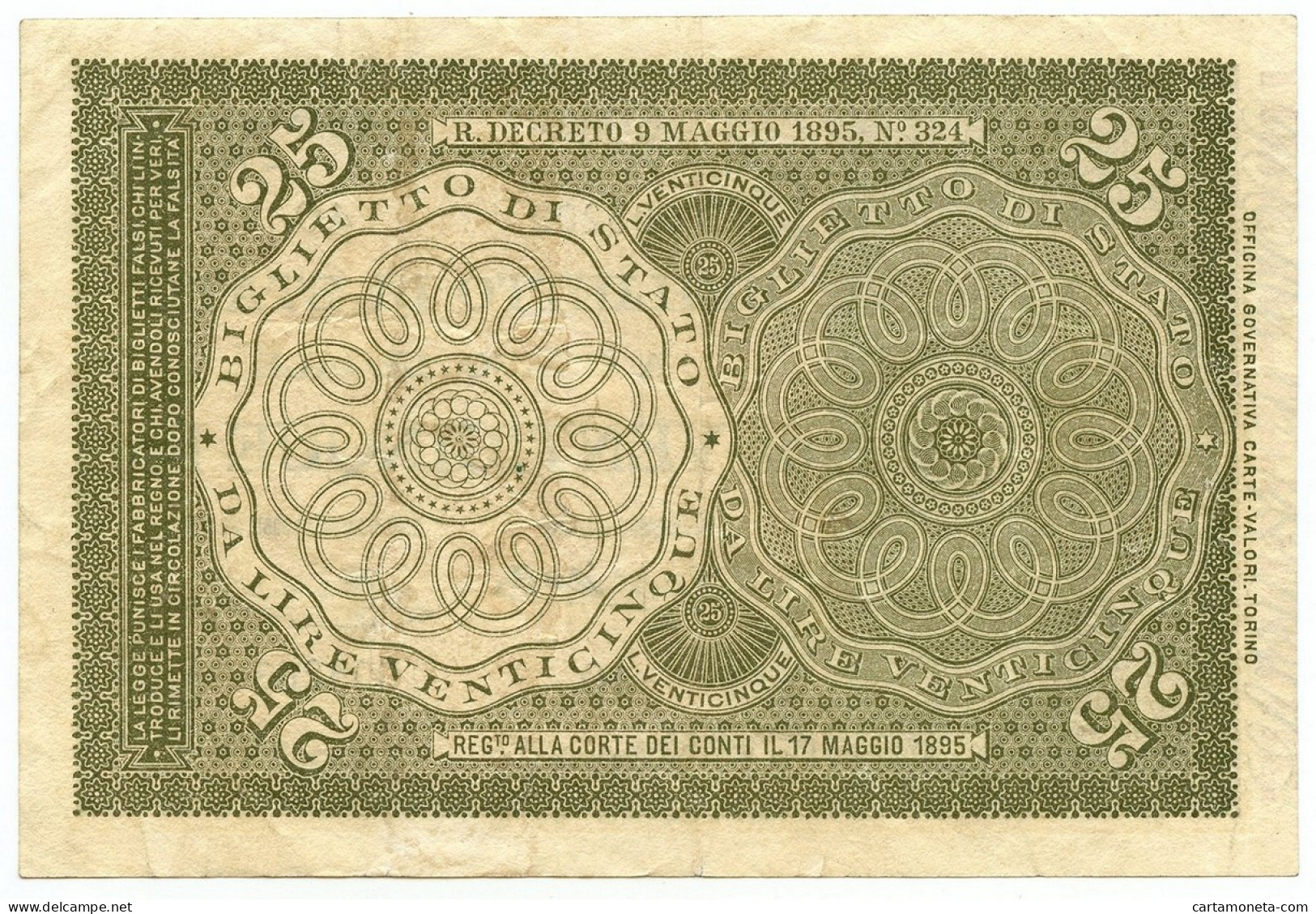 25 LIRE BIGLIETTO DI STATO REGNO UMBERTO I ITALIA TURRITA 21/07/1895 BB/SPL - Regno D'Italia - Altri