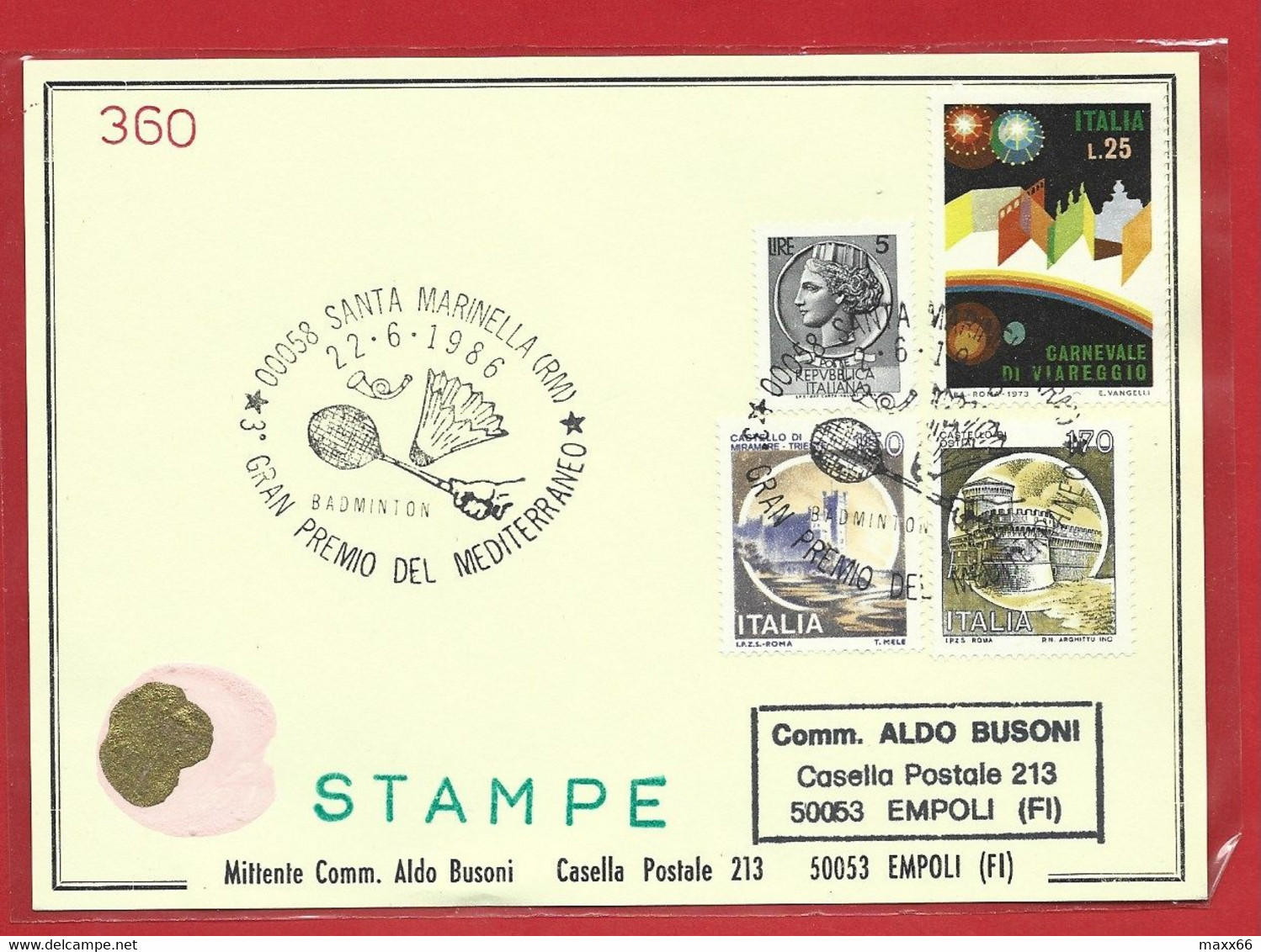 CARTOLINA VG ALDO BUSONI 360 - 1986 SANTA MARINELLA 3° Gran Premio Del Mediterraneo Badminton - ANNULLO DEDICATO - Badminton