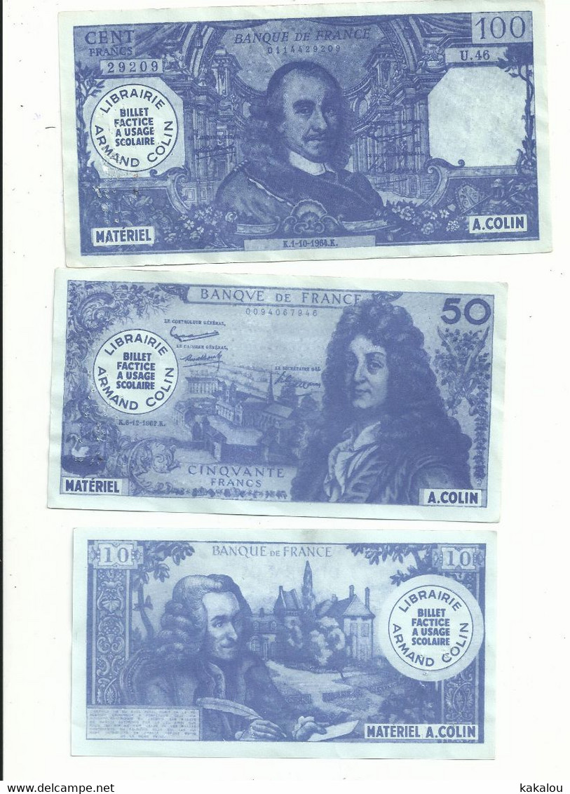 3 Billets Factice Scolaire  A.COLIN 10,50 Et 100 Francs - Specimen