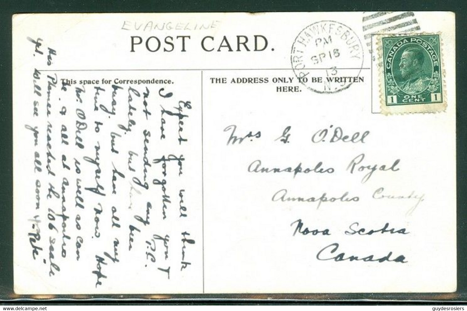 Navire / Steamer ÉVANGÉLINE. Oblitération PORT HAWSBURY N.S. Cancel; 18 Sept. 1913. Timbre Scott # 104 Stamp (8661) - Autres & Non Classés