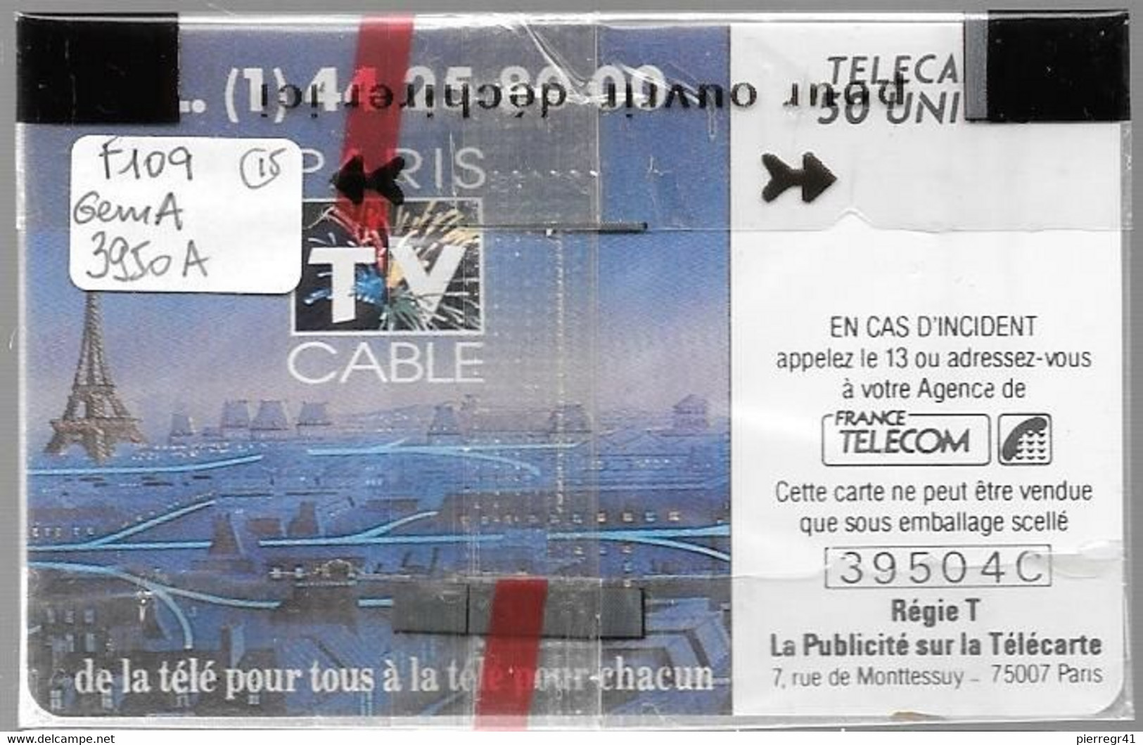CARTE²-PUBLIC-F109-50U-GEMA-1990-RESEAU  CABLE DE PARIS-Série N° 39504C-NSB-TBE - 1990