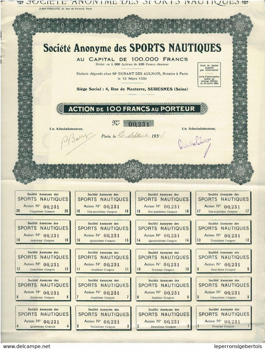 Titre De 1934 - Société Anonyme Des Sports Nautiques - - Deportes