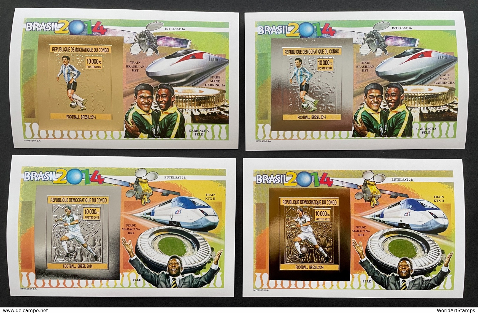 Stamps Deluxes Blocks Gold & Silver Football Worldcup Brasil 2014 Congo Imperf. - 2014 – Brazilië