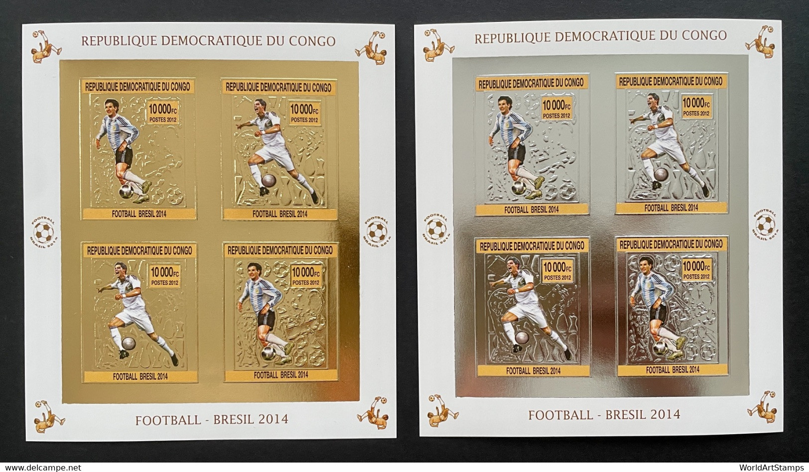 Stamps Minisheets Gold & Silver Football Worldcup Brasil 2014 Congo Imperf. - 2014 – Brasilien