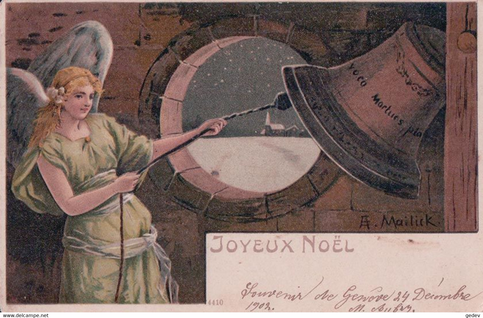 Mailick Alfred Illustrateur, Joyeux Noël, Ange Sonnant Cloches, Litho (24.12.1902) - Mailick, Alfred