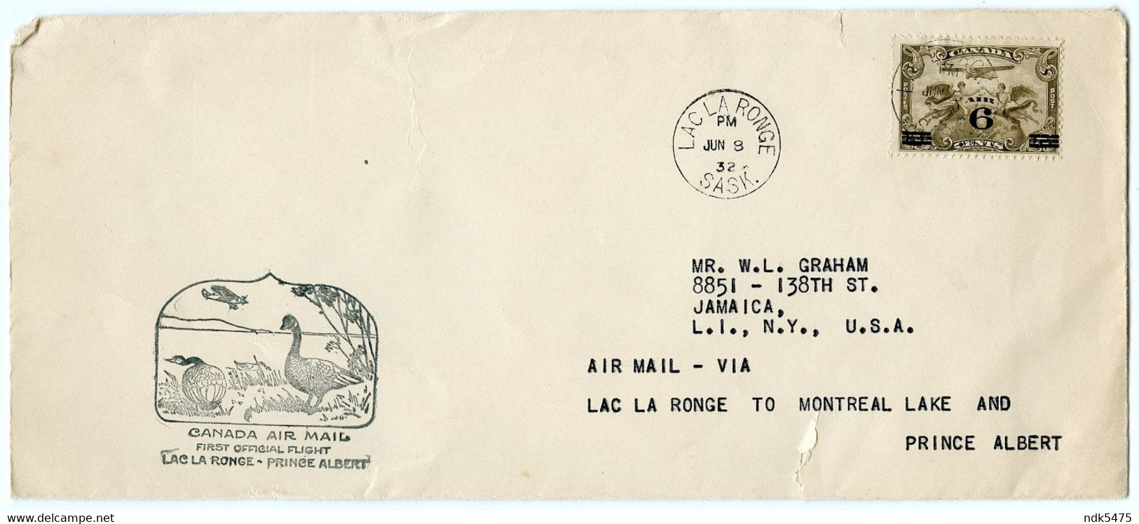 CANADA AIR MAIL : FIRST OFFICIAL FLIGHT : LAC LA RONGE - PRINCE ALBERT, 1932 / JAMAICA, LONG ISLAND (GRAHAM) - Premiers Vols