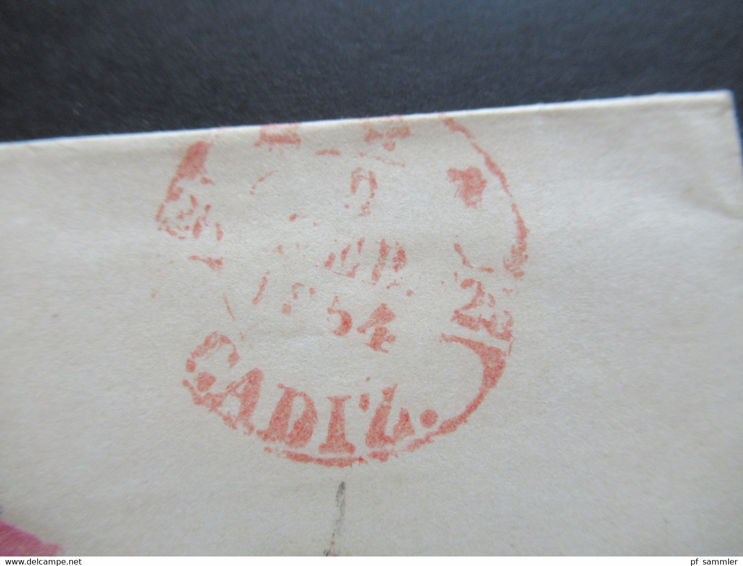 Spanien 1854 Roter Stempel Cadiz Und Roter K2 Espagne Auslandsbrief Faltbrief Nach Nantes - Cartas & Documentos