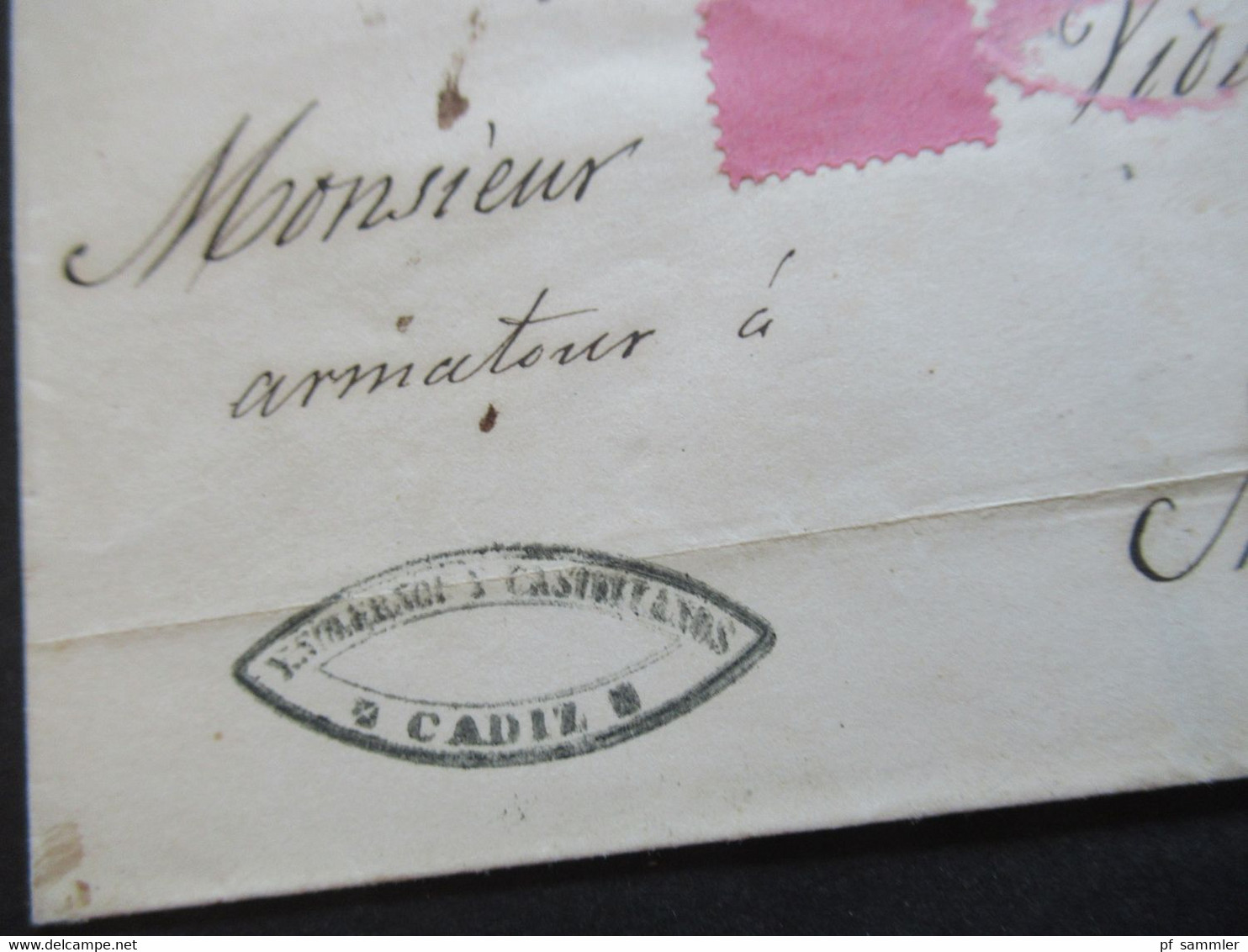 Spanien 1854 Roter Stempel Cadiz Und Roter K2 Espagne Auslandsbrief Faltbrief Nach Nantes - Briefe U. Dokumente