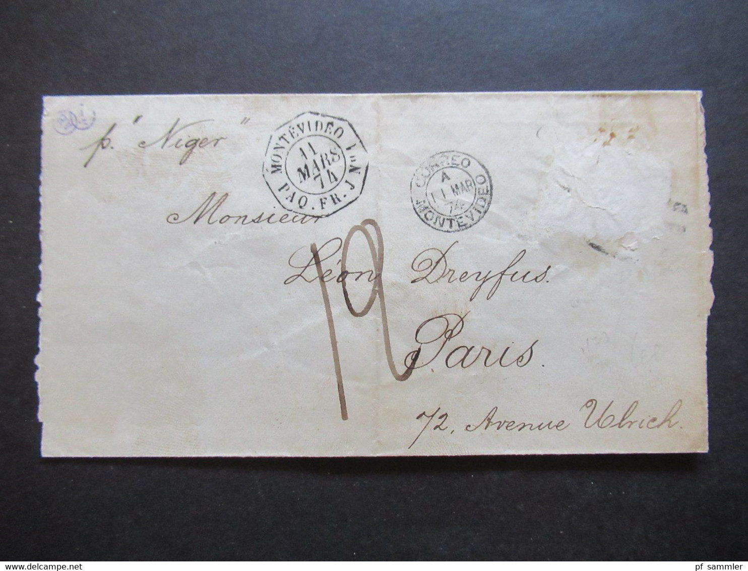 Uruguay Schiffspost 11.3.1874 Per "Niger" Stempel Montevideo Und Correo Montevideo Auslandsbrief Nach Paris - Uruguay