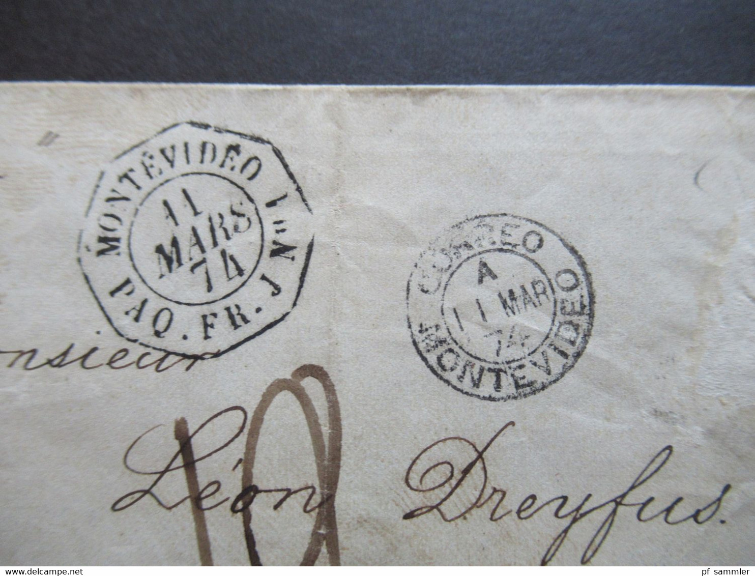 Uruguay Schiffspost 11.3.1874 Per "Niger" Stempel Montevideo Und Correo Montevideo Auslandsbrief Nach Paris - Uruguay