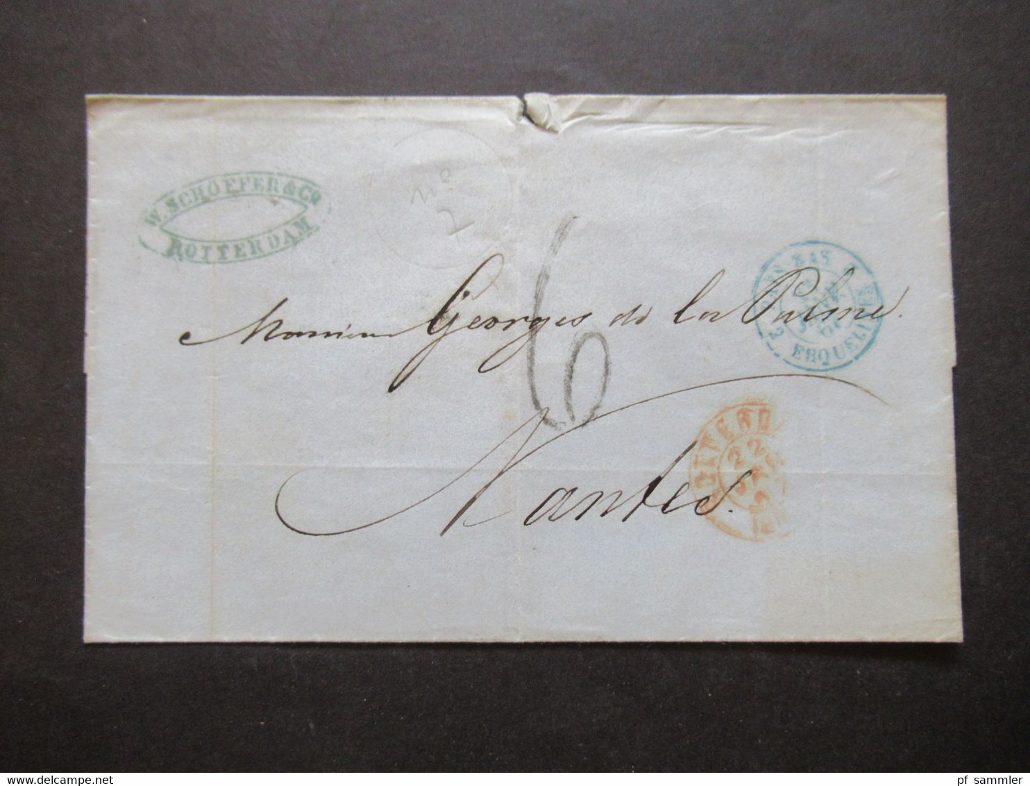 Niederlande 1867 Transit Blauer K2 Pays Bas Auslandsbrief Roter K2 Rotterdam - Nantes Faltbrief Ohne Inhalt - Cartas & Documentos