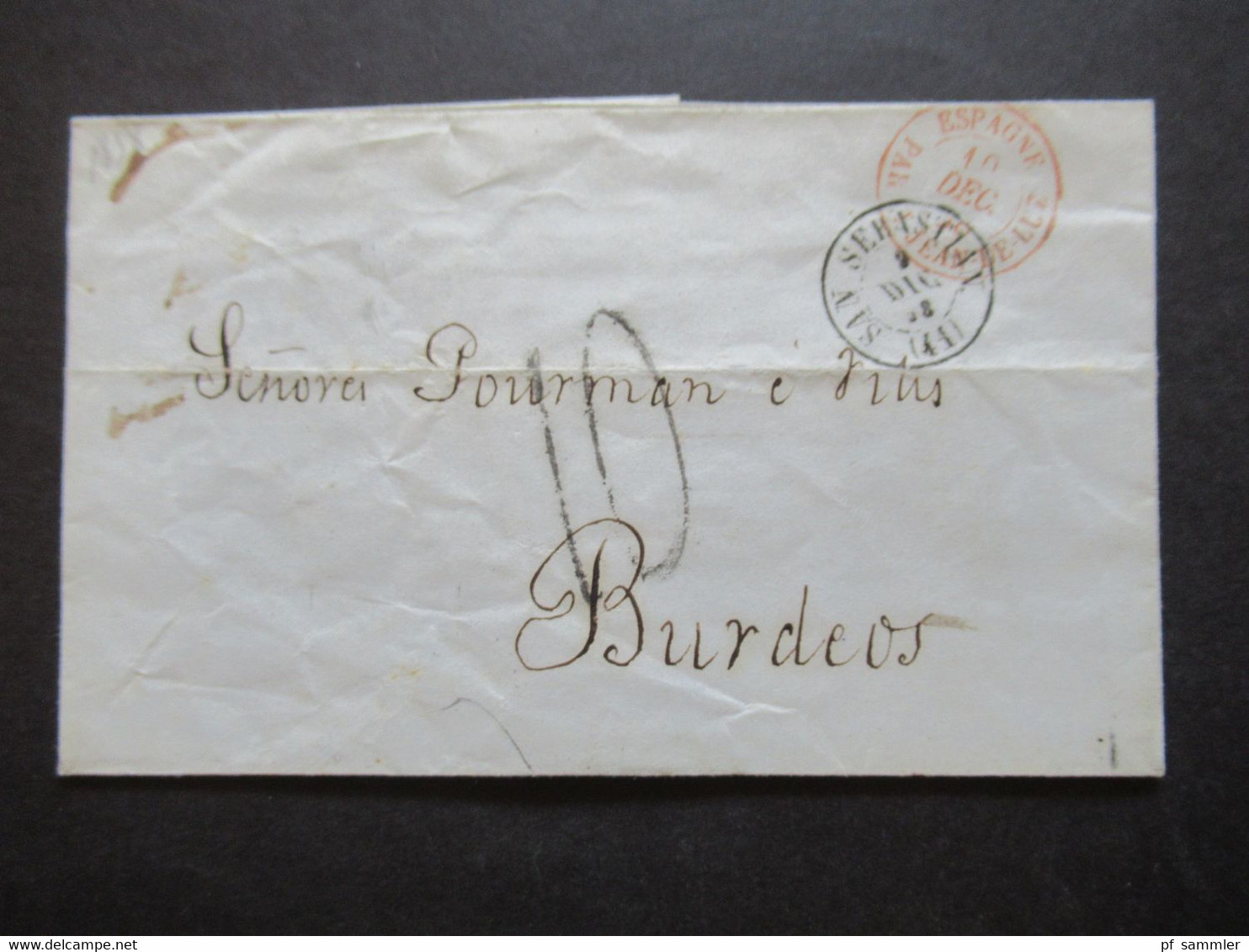 Spanien 1858 Roter Stempel K2 Espagne Und Schwarzer K2 San Sebastian Faltbrief Ohne Inhalt Nach Burdeos Philippinen - Storia Postale