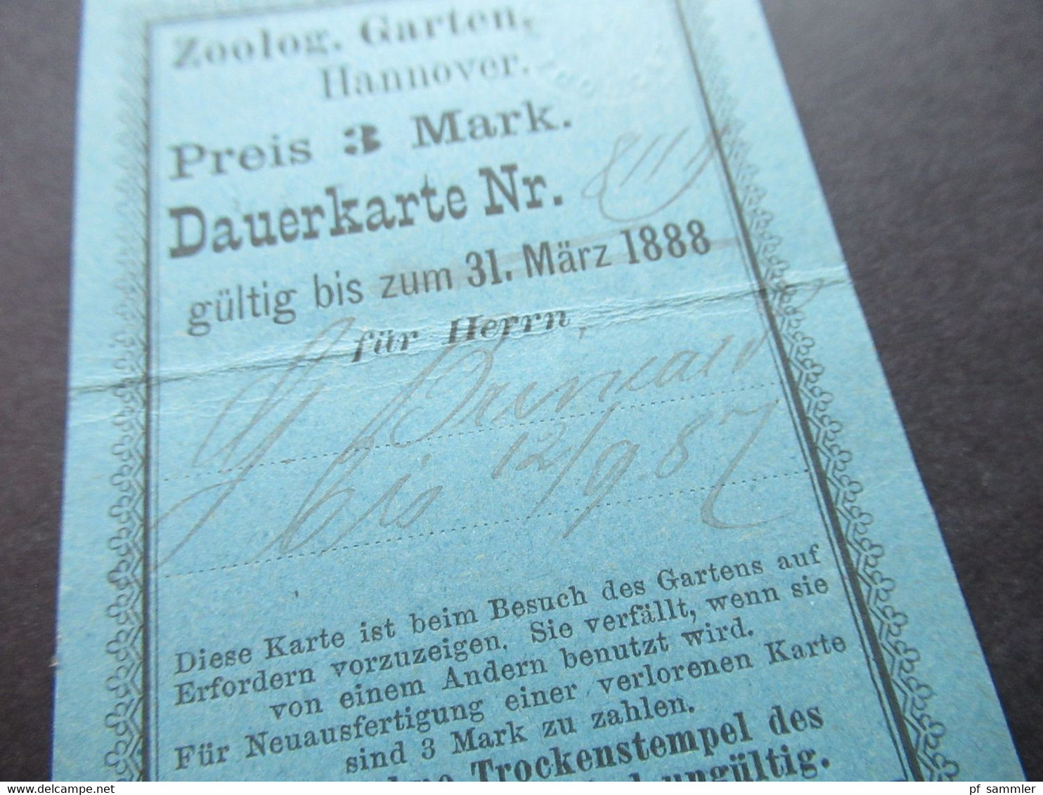 Deutsches Reich 1888 Eintrittskarte Dauerkarte Zoologischer Garten Hannover Preis 3 Mark Mit Trockenstempel - Tickets - Vouchers