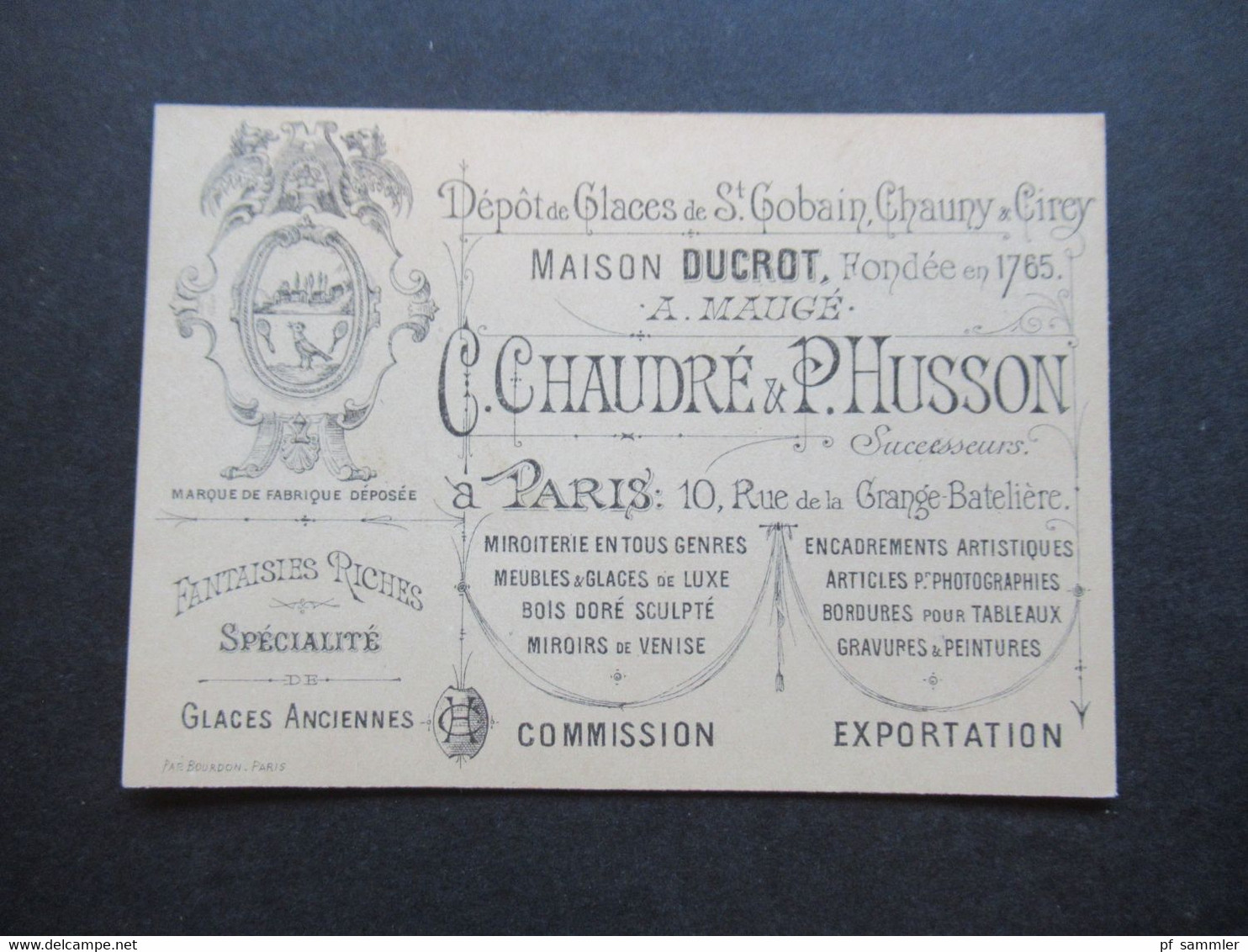 Frankreich Um 1880 Visitenkarte C. Chaudré & P. Husson Maison Ducrot Paris Rue De La Grange Bateliere Depot De Glaces - Reclame