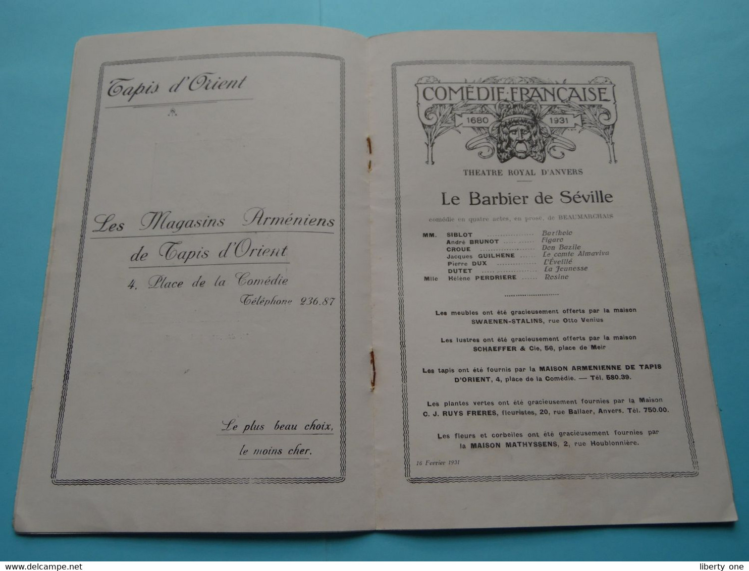 Comédie Française 1680-1931 > Théatre ROYAL D'ANVERS " Le Barbier de Séville " ( voir / zie Scans ) !