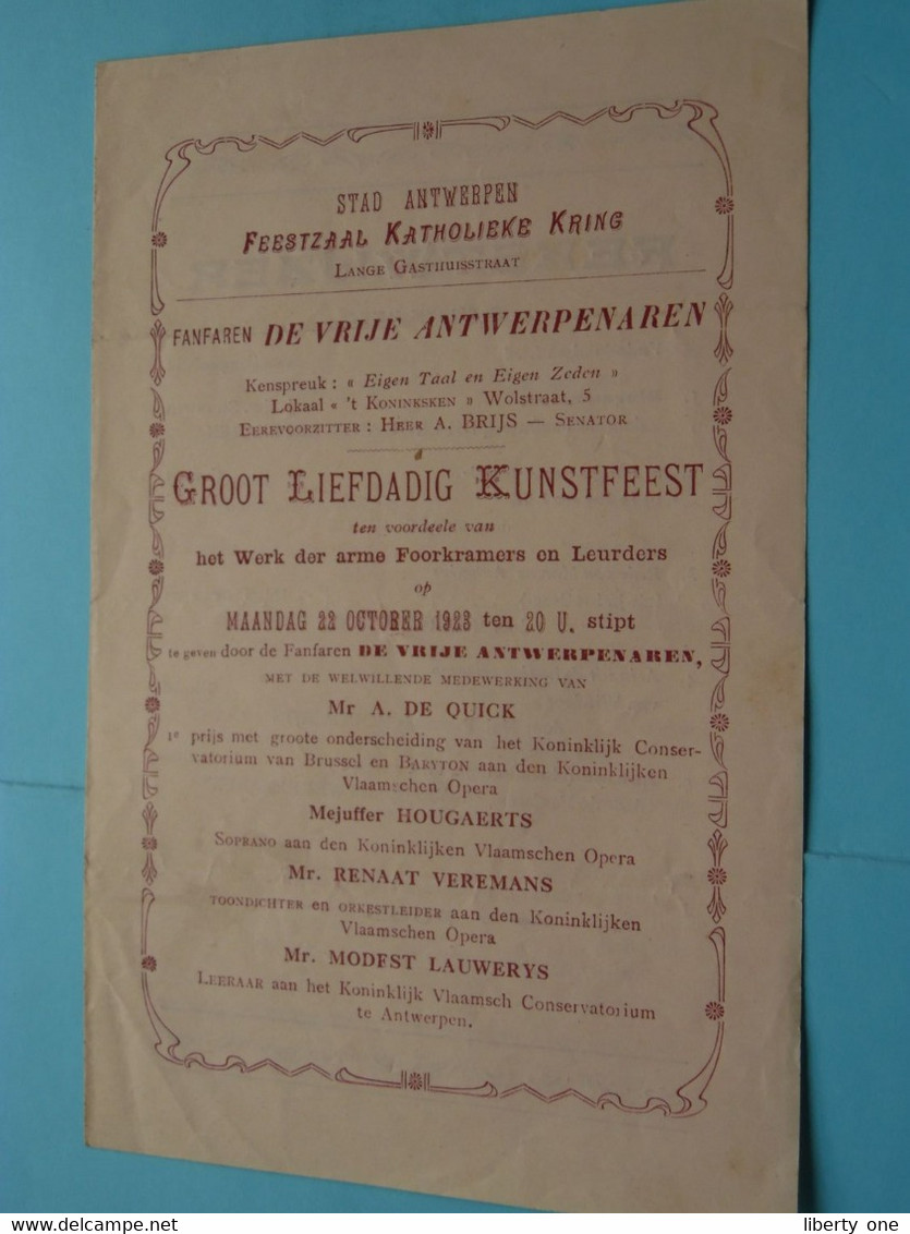 GROOT LIEFDADIG KUNSTFEEST > DE Vrije Antwerpenaren > Feestzaal Katholieke Kring ANTWERPEN ( Zie Scans ) 1923 ! - Programas