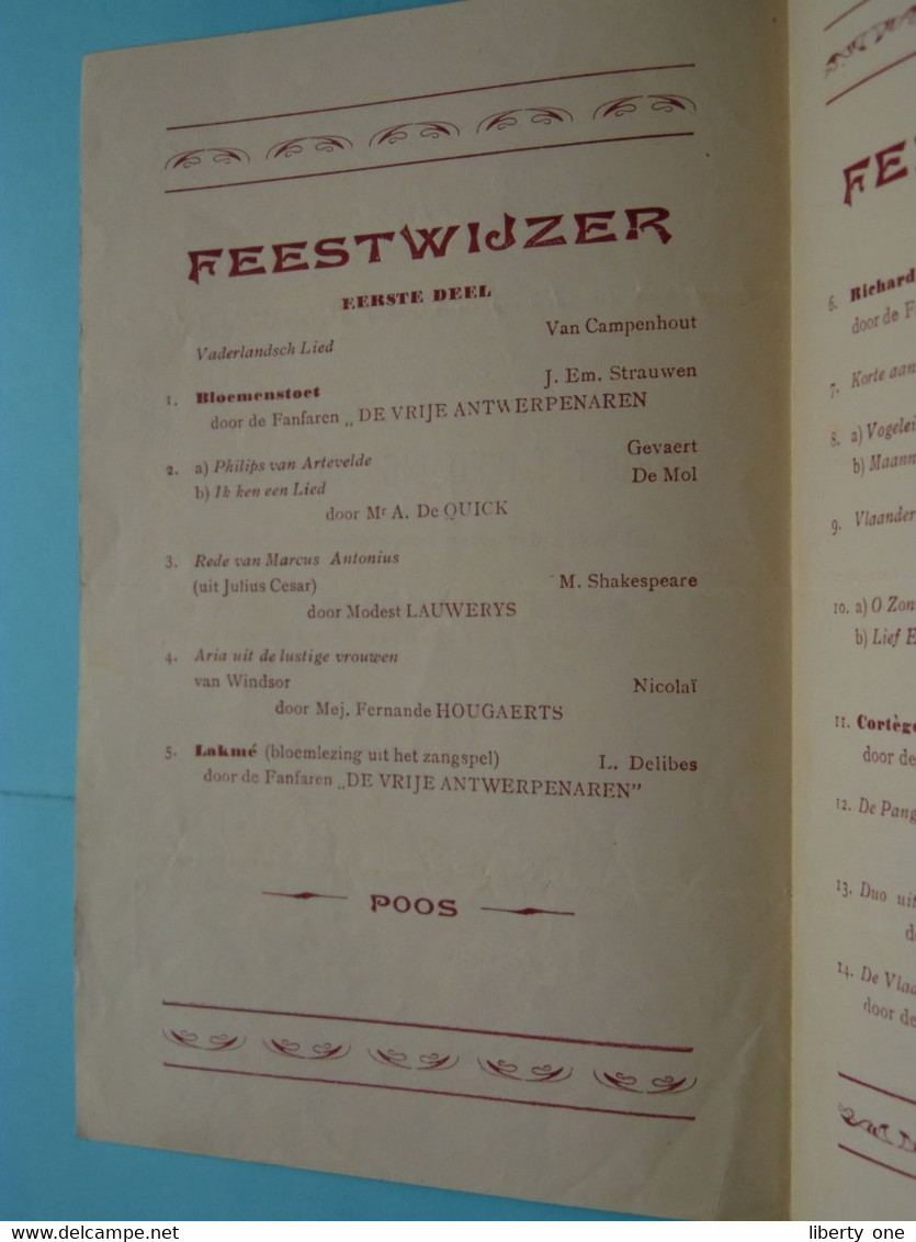 GROOT LIEFDADIG KUNSTFEEST > DE Vrije Antwerpenaren > Feestzaal Katholieke Kring ANTWERPEN ( Zie Scans ) 1923 ! - Programmes